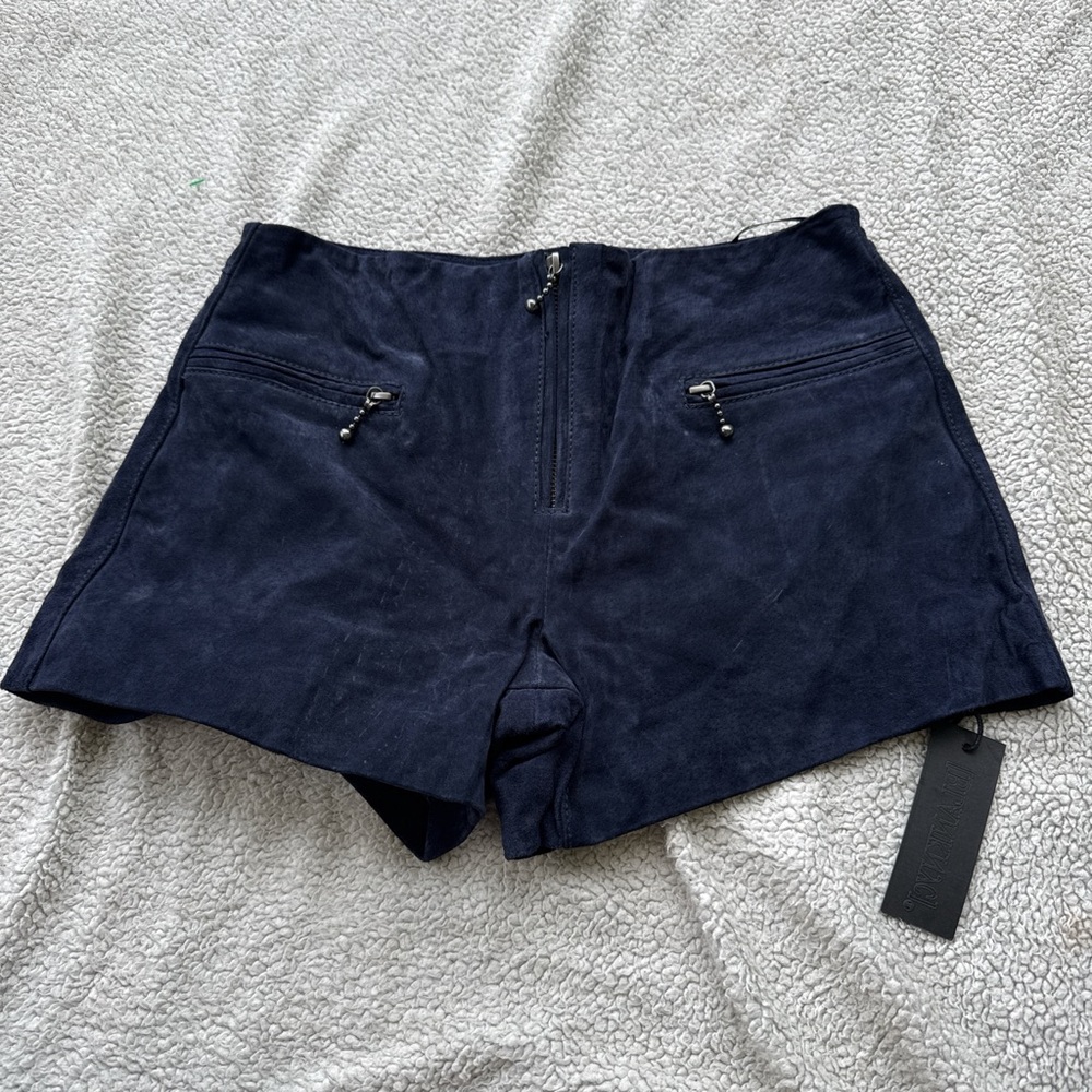 Blank NYC Navy Suede High-Waist Zip Shorts